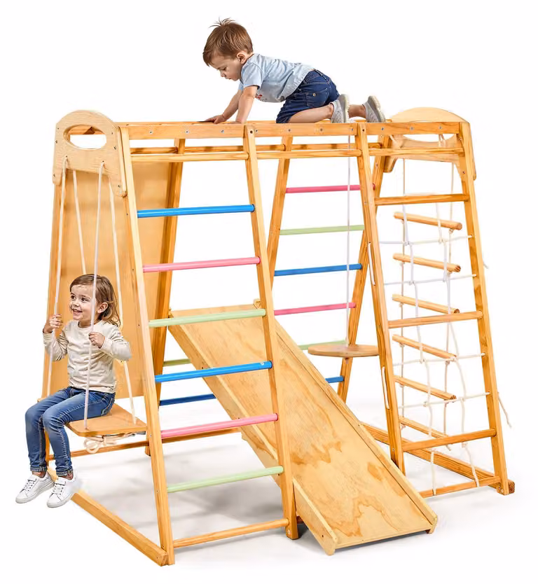 Struttura da gioco indoor per bambini, in legno, modello "Kinder Klettergerüst", set 9-in-1 ispirato al metodo Montessori. Portata massima: 113 kg. Include scivolo e altalena, scale e rete da arrampicata. Adatta per interni, in appartamento o nella camere