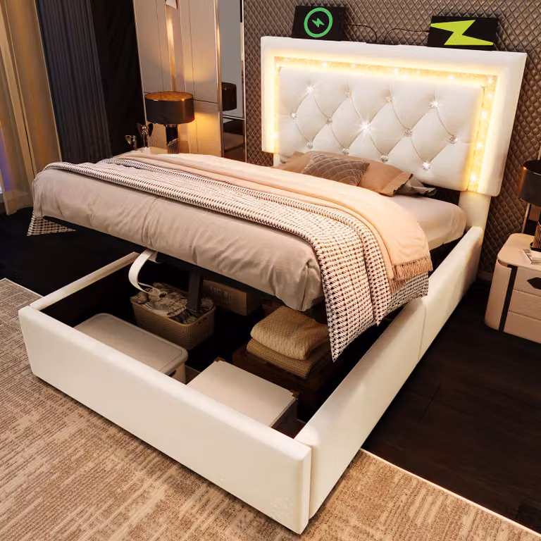 Letto imbottito 90x200, rivestito in velluto, con fascia decorativa a forma di diamanti illuminata a LED, porte USB e USB-C, spazio contenitore idraulico, rete a listelli, senza materasso.
