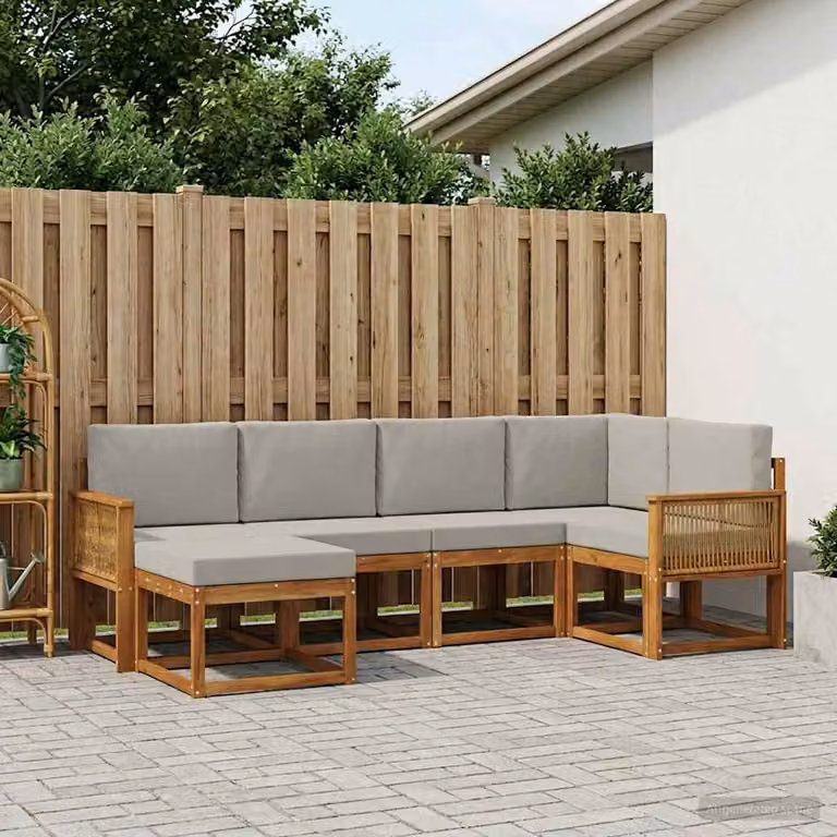 Set di divani da esterno vidaXL 6 pz in legno di acacia con cuscini, composizione a L con pouf, colori beige, grigio e marrone