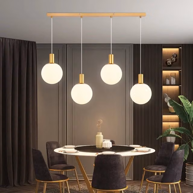 Lampada a sospensione ZMH moderna con 4 fiamme in vetro e metallo, colore oro e bianco, ideale per sala da pranzo, camera da letto o ufficio, attacco E27 – 1