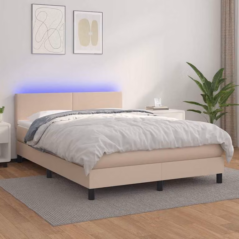 vidaXL Letto con Giroletto a Molle, Materasso Ibrido e Illuminazione LED, Colore Cappuccino, L/P: 140 x 190 cm