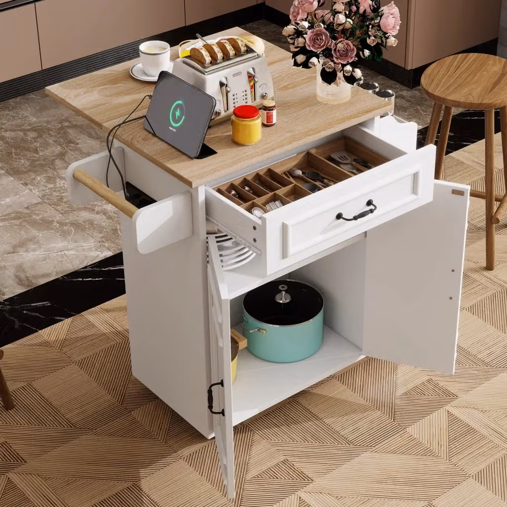 Carrello da cucina OKWISH con piano ribaltabile, 1 cassetto, 2 ante e ripiano regolabile, in MDF bianco, L: 66 cm, P: 60 cm, H: 90 cm – 2