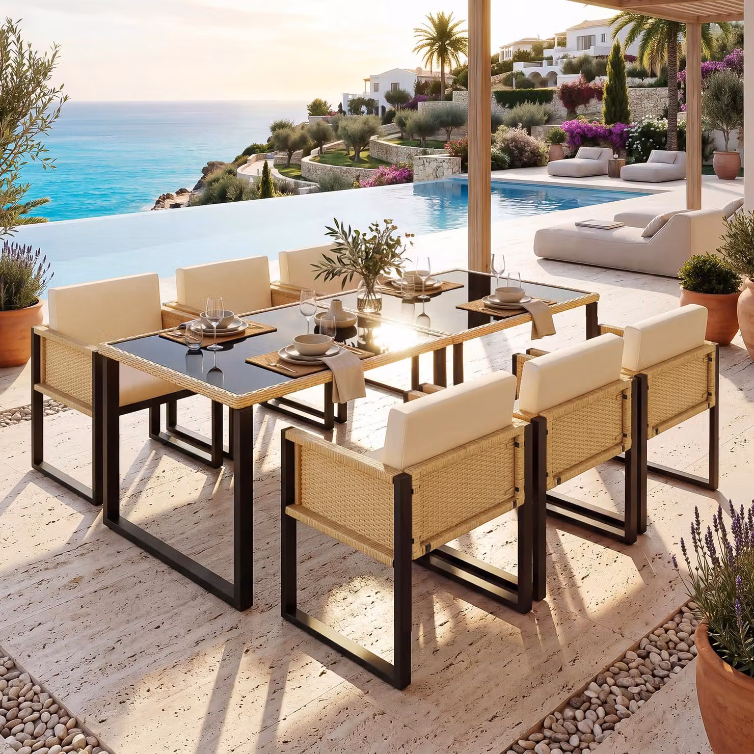 Set da pranzo in polyrattan, mobili da giardino, set da pranzo da giardino per 6 persone con poltrone, rivestimenti in tessuto sfoderabili e lavabili