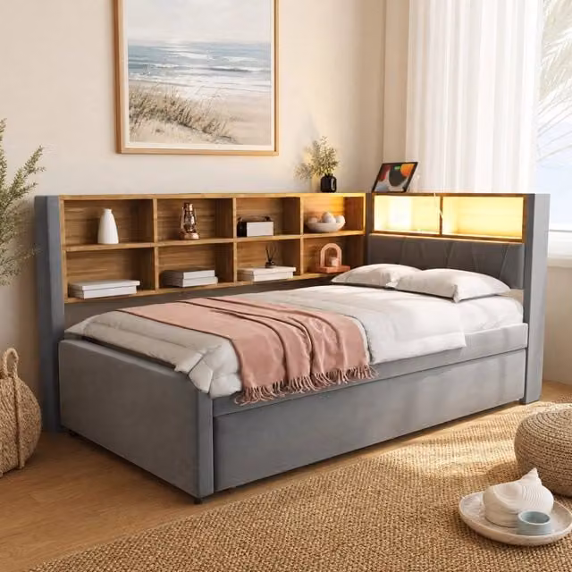 Letto da giorno ULEVR 90x200 cm con letto estraibile 90x190 cm, LED, USB, Type-C e presa, grigio scuro