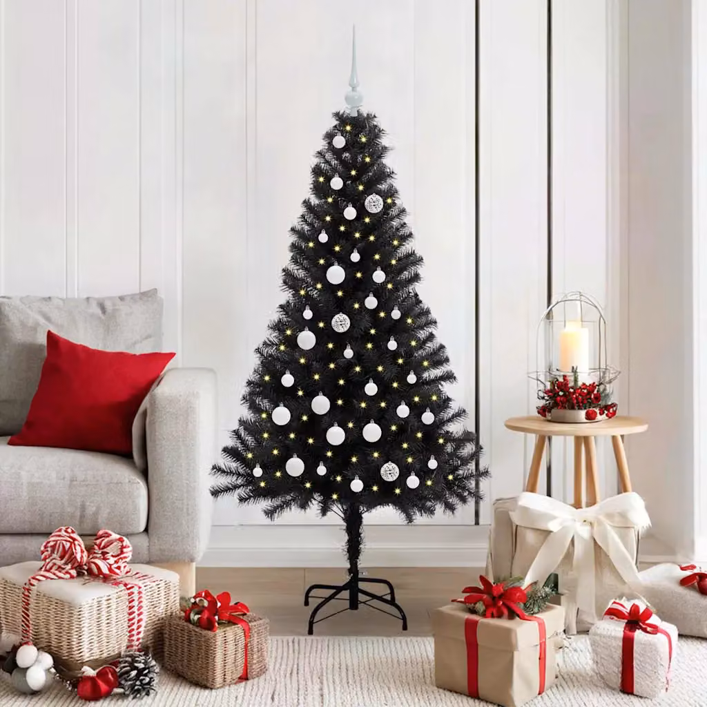 Albero di Natale moderno vidaXL nero in PVC con luci LED bianco caldo, altezza 150 cm