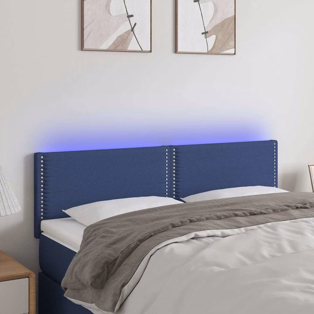 Testiera per letto vidaXL in tessuto blu con illuminazione LED e porta di ricarica USB, L 144 x P 5 x H 78/88 cm