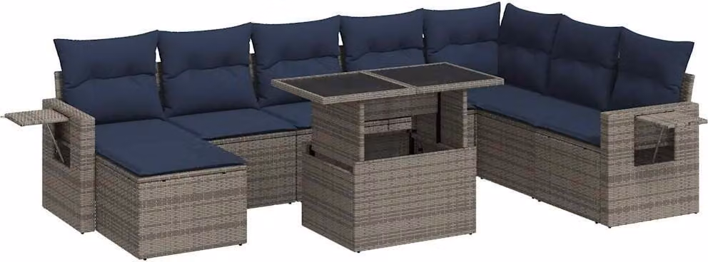 Set Divano da Giardino 9pz con Cuscini Grigio Polyrattan Acacia