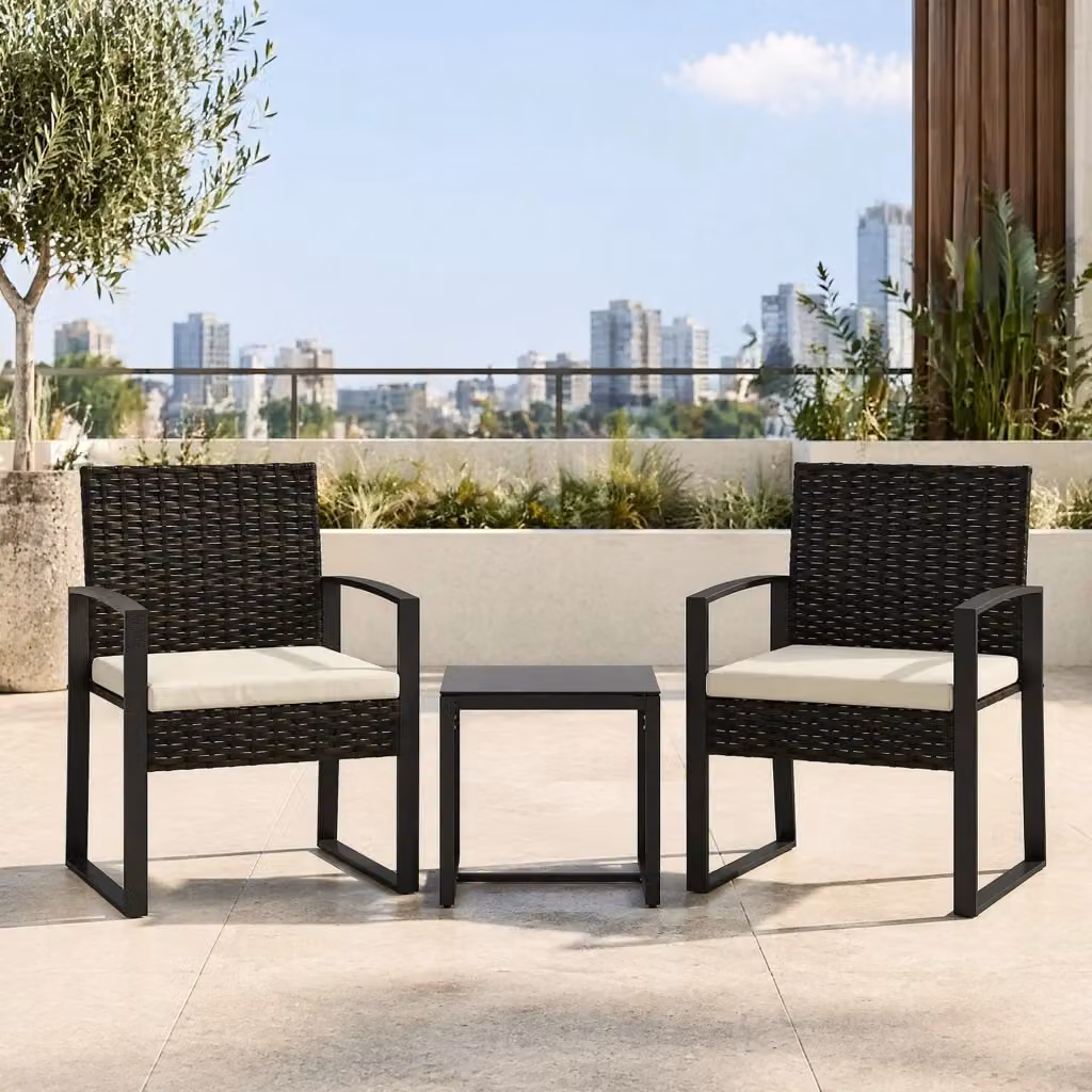 Set da giardino MODFU per 2 persone in rattan sintetico e metallo con tavolino in vetro, colori beige, grigio e nero – 2