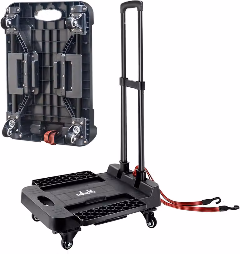 Carrello pieghevole da 200lbs, con 4 ruote, cinghia di fissaggio, in ferro nero, ideale per viaggi