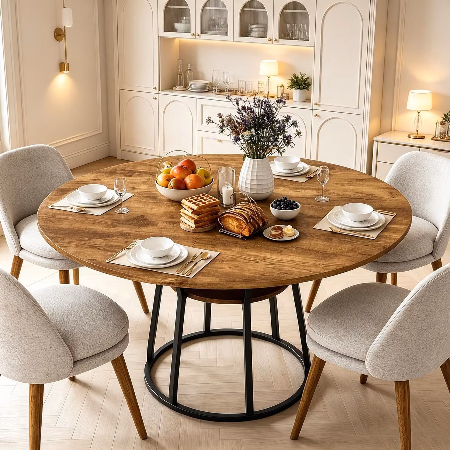 INONEFT, tavolo da pranzo rotondo, diametro 120 cm, per 4-6 persone, tavolo da pranzo con piano in legno e gambe in metallo, colore tigrato e nero