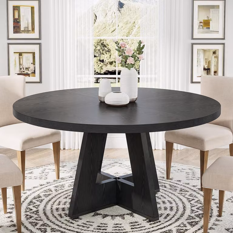 Tavolo rotondo da pranzo in legno, nero, stile rustico, per 4 persone, diametro 119,4 cm