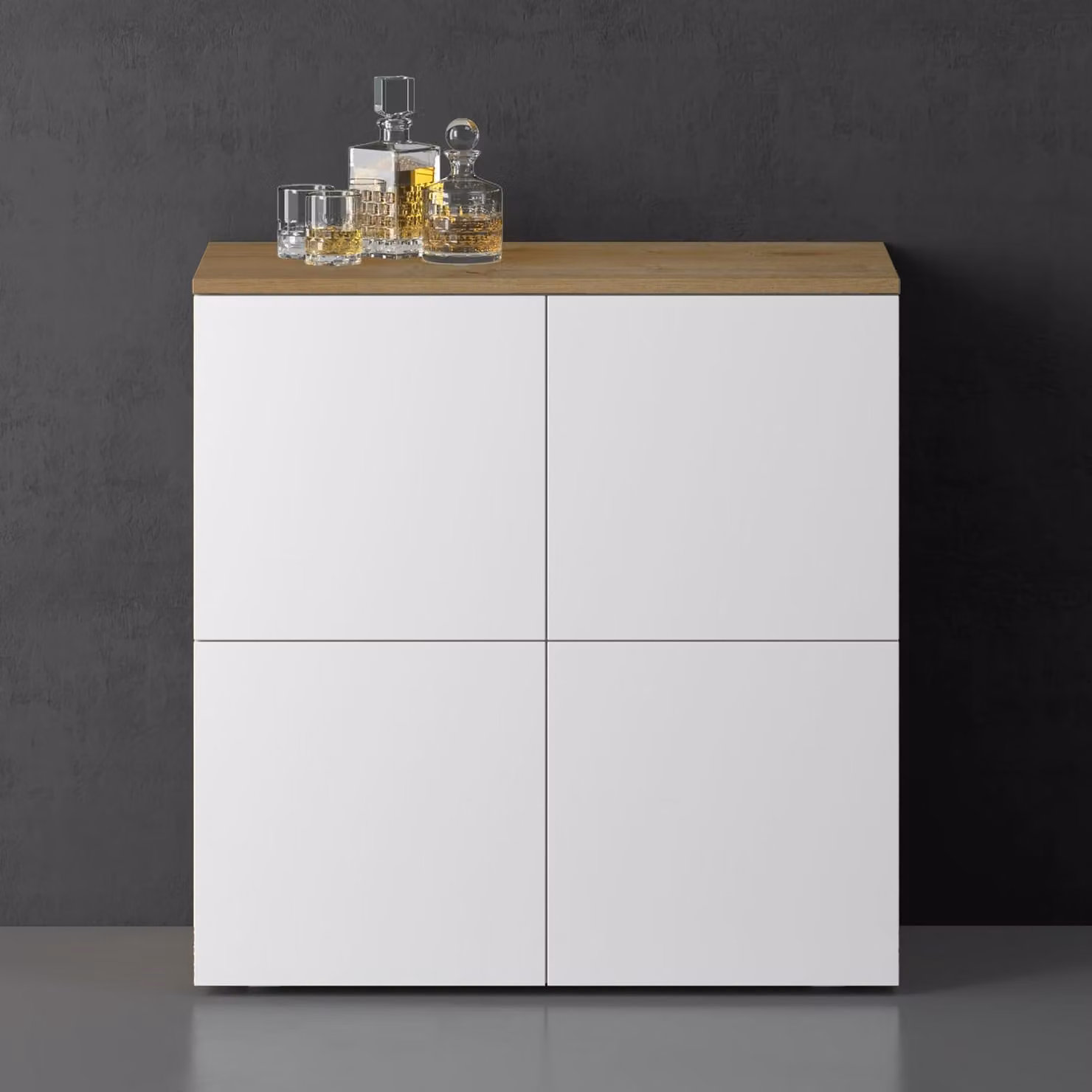 doporro Mobile Organizzatore Credenza Buffet in Legno con 4 Ante Push-to-Open e Soft-Close per Soggiorno, Sala da Pranzo o Ingresso, 76x36,4x76 cm Marrone chiaro e Bianco opaco Schrank04