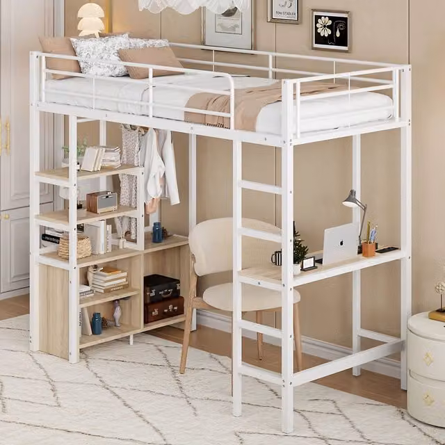 Letto a soppalco singolo 90 × 200 cm con scrivania, presa USB, ripiani e armadio aperto, senza materasso, bianco