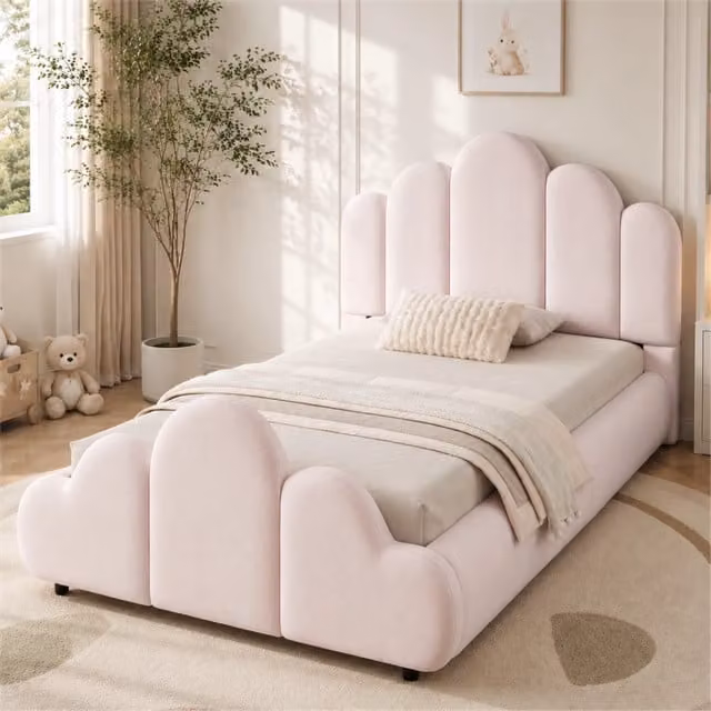 Letto singolo imbottito 90 × 200 cm con rete a doghe in velluto rosa design a nuvola angoli arrotondati