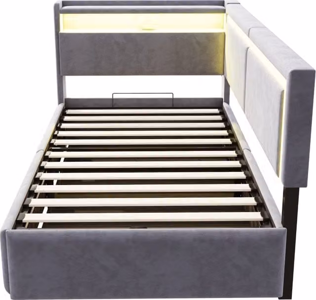 Letto contenitore singolo Chicfurn in velluto grigio chiaro con testiera portaoggetti, illuminazione LED e porta USB, L/P/H: 90 x 200 x 55 cm