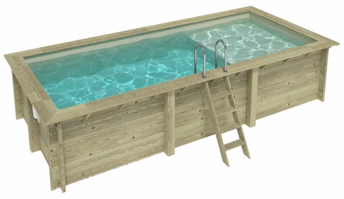 Piscina in legno AQUA 6.1 x 2.85 – H.1.31 m con spiaggia, sabbia, con supporti da cementare