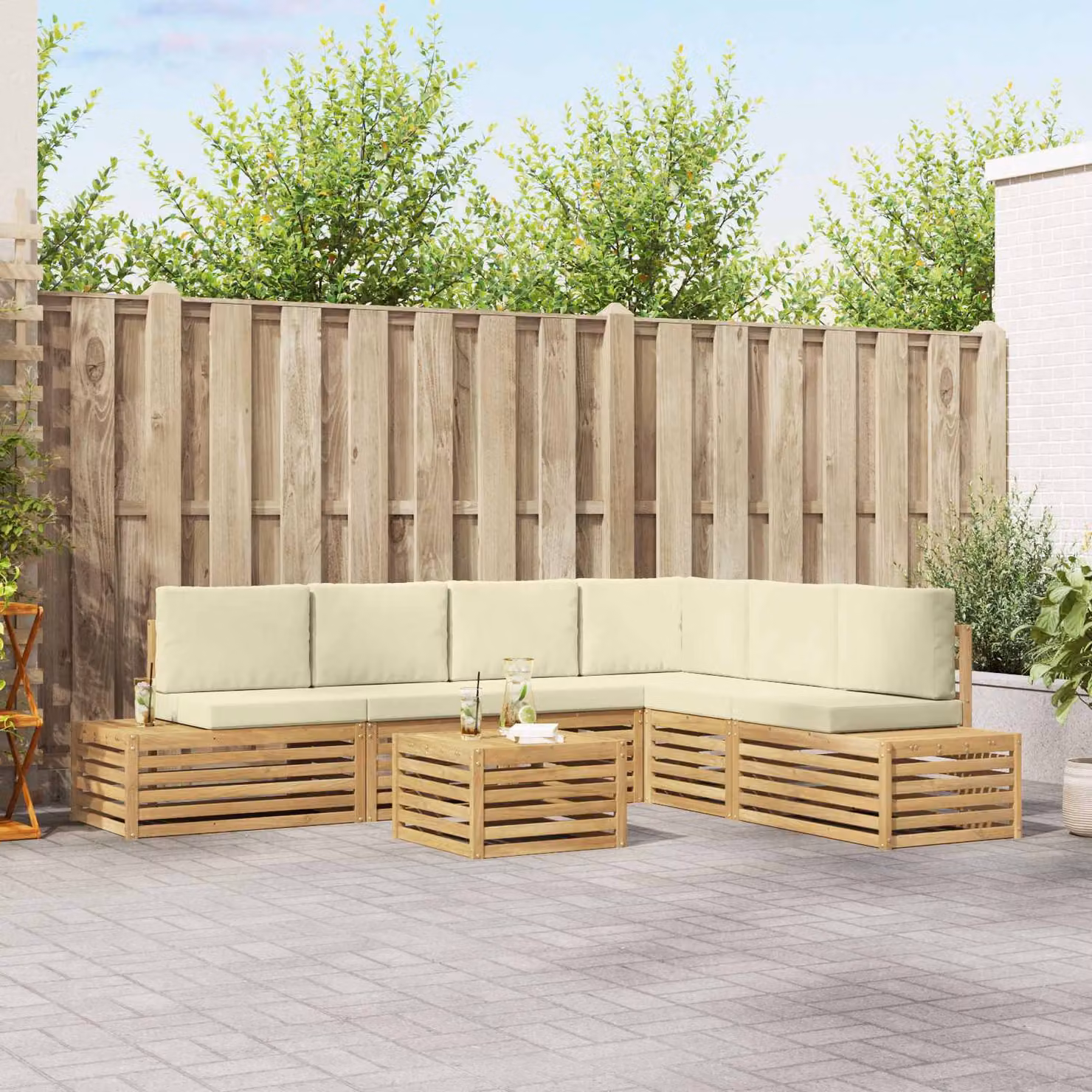 Set di divani da esterno a L vidaXL in legno di acacia con 7 pezzi, colore bianco, beige e marrone
