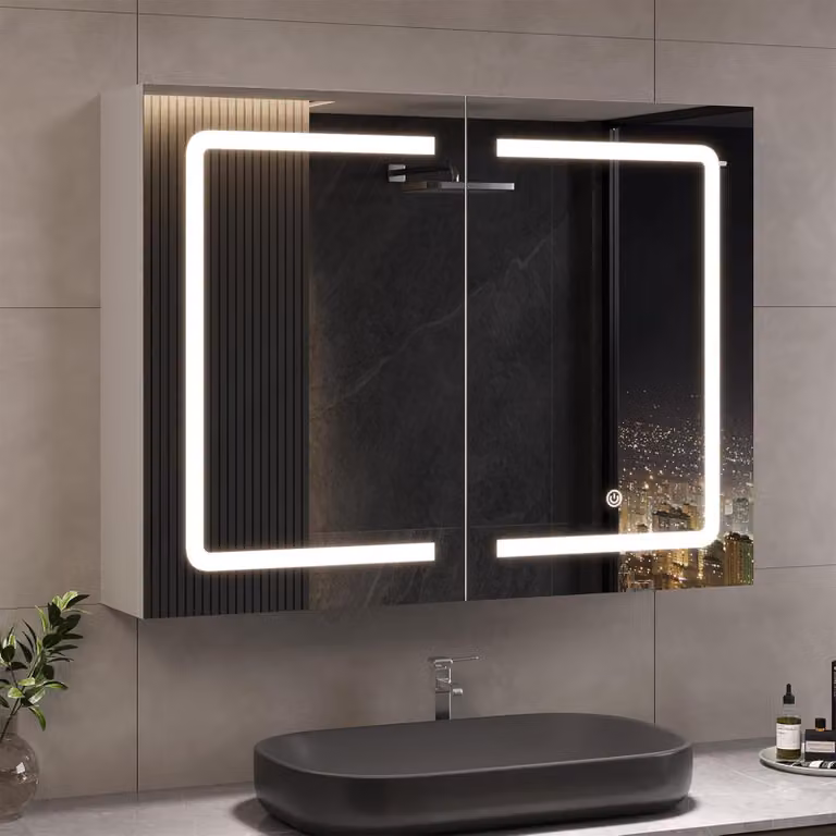 Armadio a specchio per bagno con illuminazione 80x16x60cm Armadio a specchio per bagno con LED e presa di corrente Armadio a doppia anta per bagno largo 80 cm con specchio e mensola, pensile, interruttore a sensore di tocco, bianco