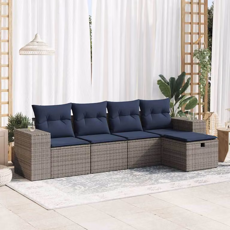 Set Divano da Giardino a L vidaXL in Polyrattan con 5 Pezzi e Cuscini, Grigio e Blu
