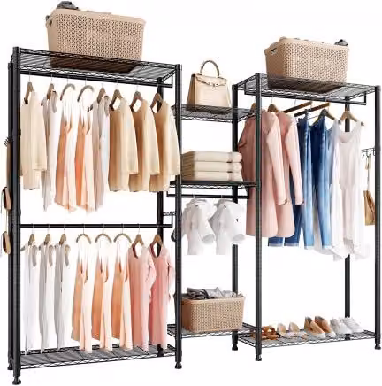 VEVOR Appendiabiti Armadio Guardaroba in Metallo Nero con 7 Ripiani Regolabili e 4 Aste, Capacità di Carico 385,5 kg, H 192 cm x L 14,45 cm x P 38 cm
