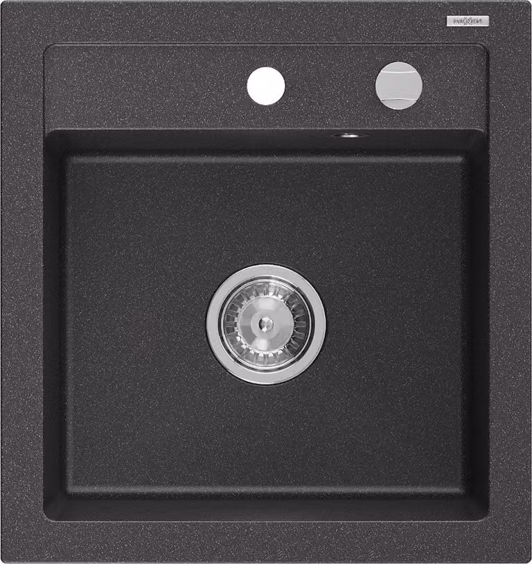 Mexen Vito lavello in granito a 1 vasca 520 x 490 mm, nero punteggiato, sifone cromato - 6503521000-76