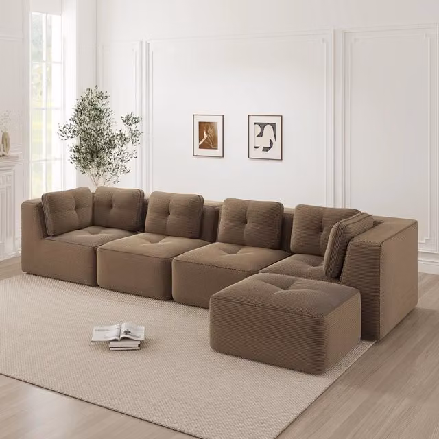 Divano Angolare 4 Posti MINIMAL con Ottoman in Tessuto a Coste Marrone