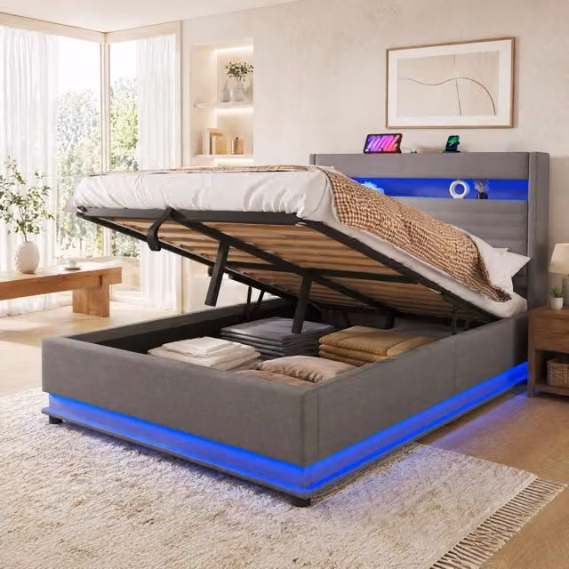 Letto matrimoniale contenitore MODFU in lino grigio con illuminazione LED, porte USB e USB-C, L/P: 140 x 200 cm