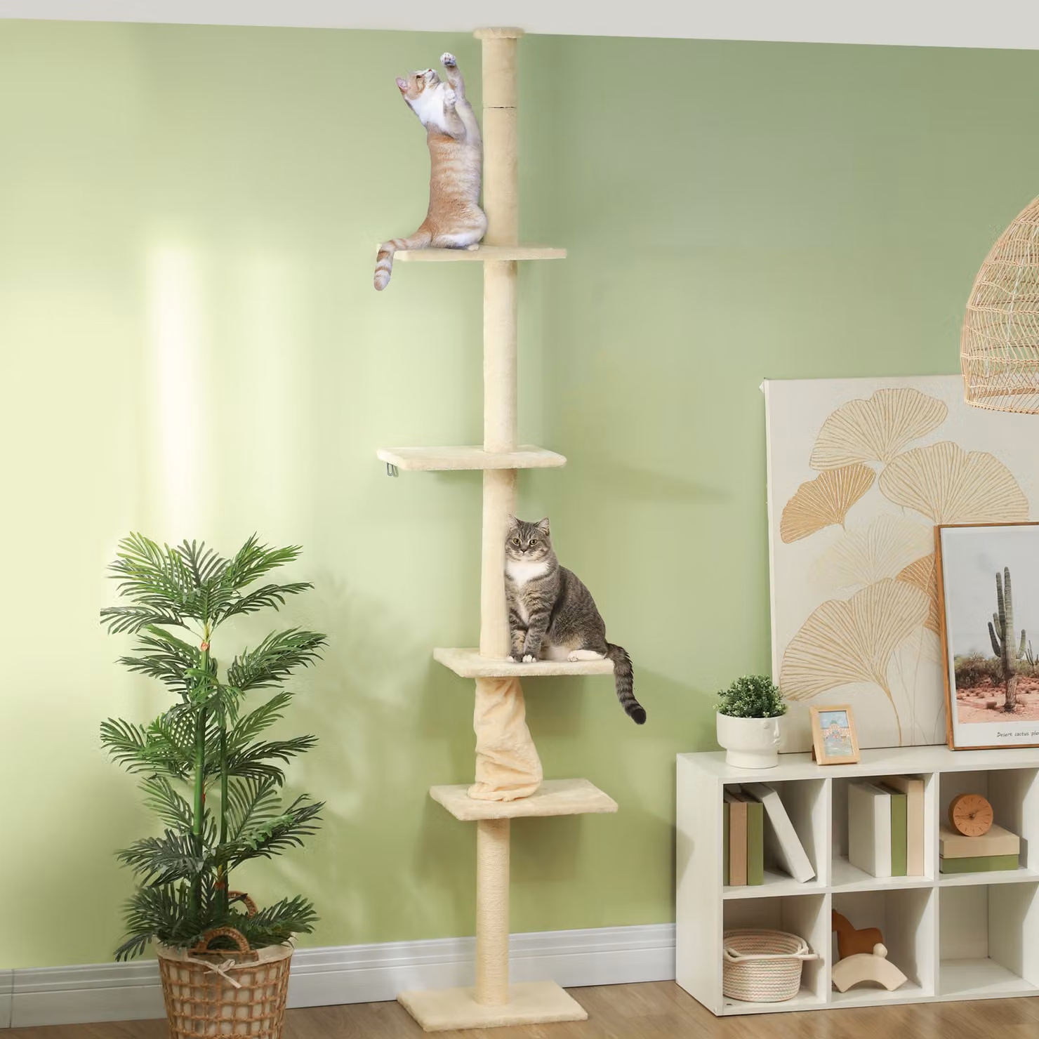 Albero per gatti PawHut con altezza regolabile da 225 a 275 cm, rivestimento in peluche, colore beige – 2