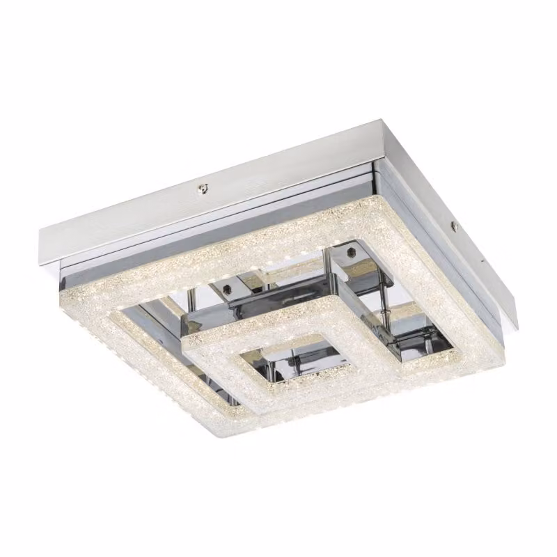 Plafoniera Globo Lighting in acciaio inox, acrilico bianco, cristalli K5 trasparenti, LxPxH: 260x260x85mm, incl. LED 16W 230V, sorgente 2000lm, potenza 1150lm, 4000K