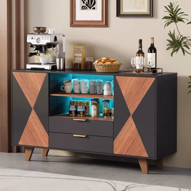 Credenza moderna in MDF e metallo con illuminazione LED RGB, colore marrone e nero, L/P/H: 150 x 40 x 90 cm – 1