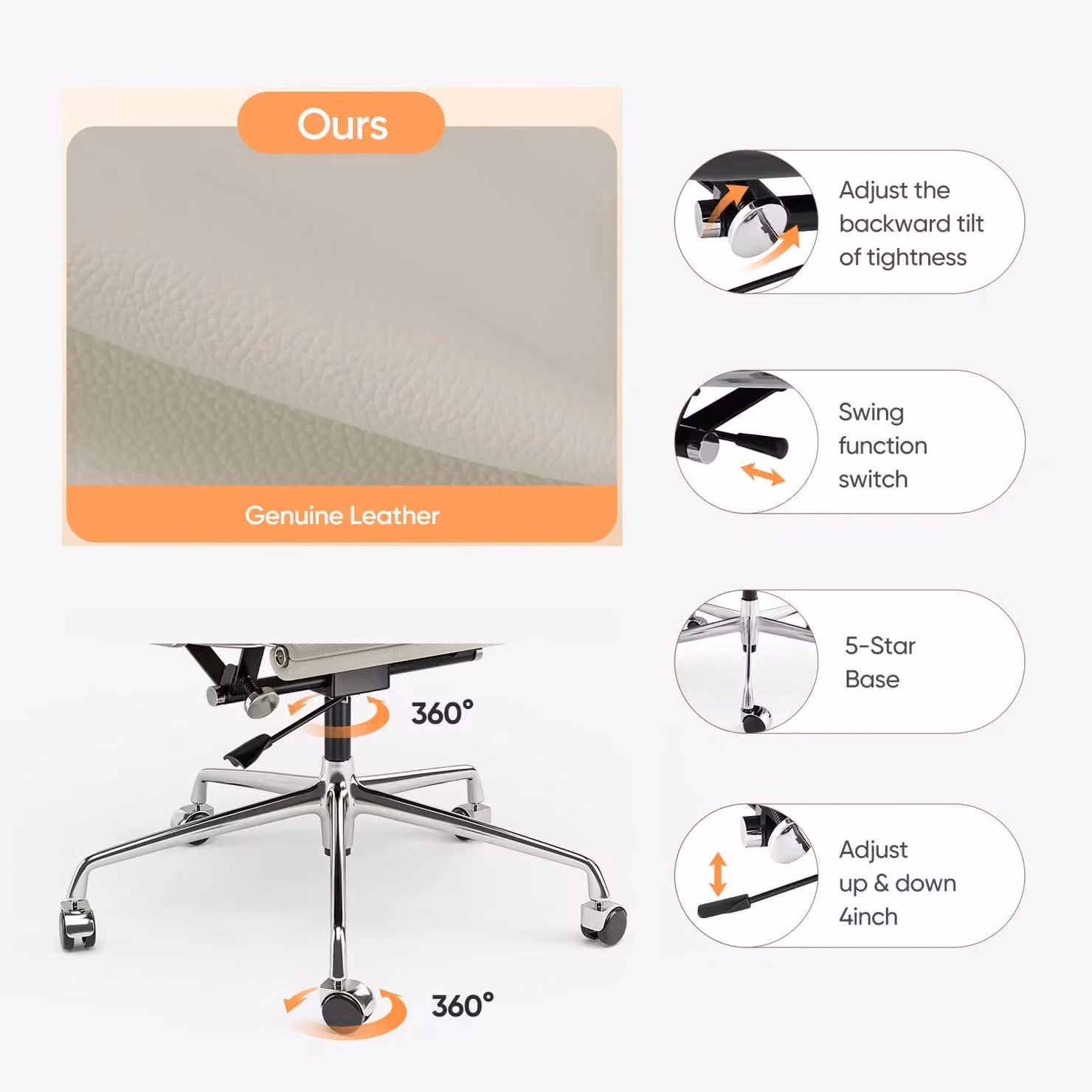 Sedia da ufficio, design ergonomico, regolabile in altezza, schienale medio, colore beige