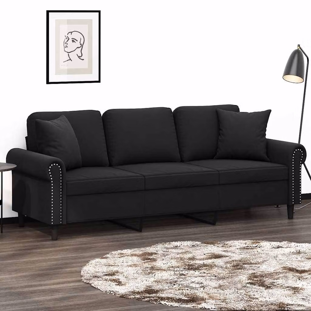 vidaXL Divano a 3 Posti Moderno in Velluto Nero con Cuscini e Struttura in Metallo L: 212 cm, P: 80 cm, H: 77 cm – 1