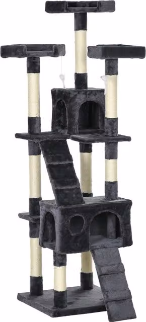 Albero Tiragraffi per Gatti PawHut con 3 Posatoi, 2 Casette e Giochi Integrati in Legno e Peluche, Grigio Antracite – 1