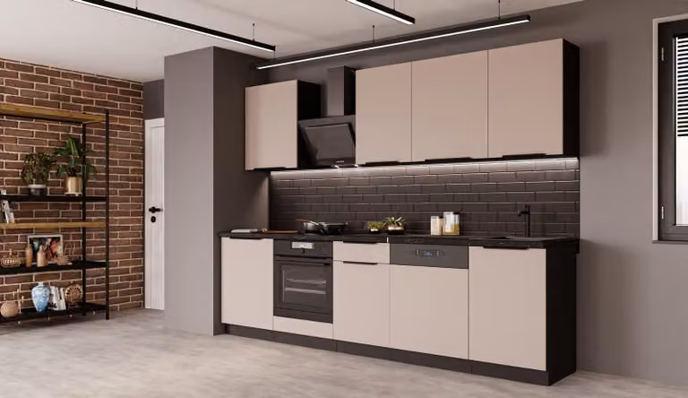 Cucina ARONA BASIC 280 cm, linea cucina, blocco cucina, cucina componibile, beige cashmere opaco + nero opaco