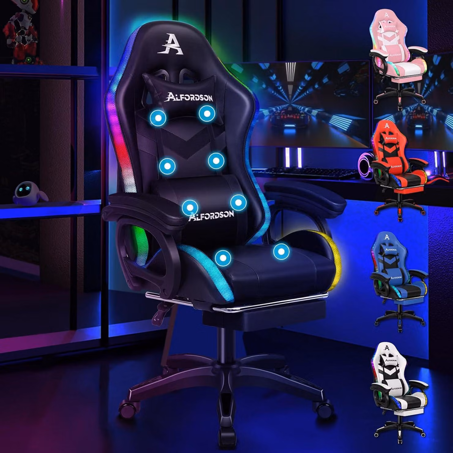 Sedia da gaming con massaggio a 8 punti, illuminazione RGB a LED, poggiapiedi, cuscino lombare e disponibile in diversi colori