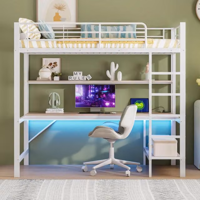 Letto a soppalco 90x200 cm con scrivania; scaffali; LED e USB; in metallo e MDF bianco per cameretta
