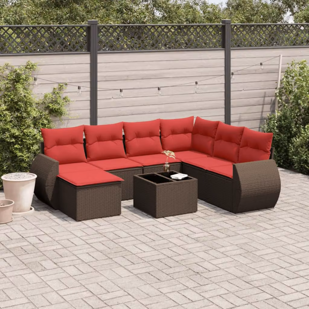 Set da giardino vidaXL in polyrattan marrone con 8 pezzi, composto da divani a L, pouf, tavolino da caffè e cuscini imbottiti con coperture rimovibili