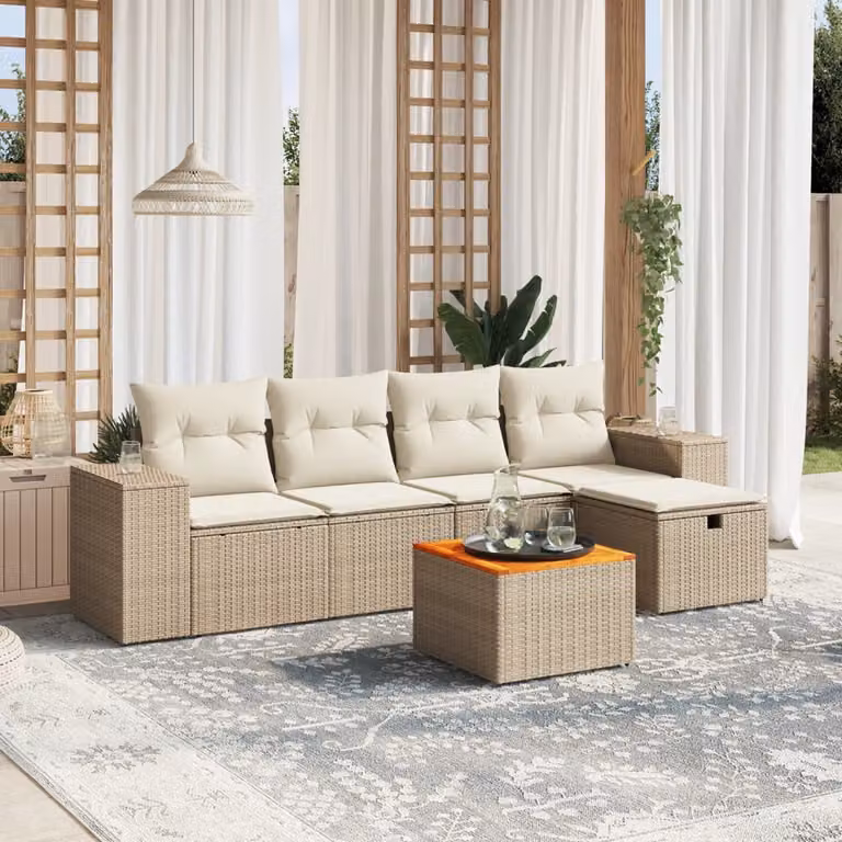 Set Divano da Giardino a L vidaXL 6 pz con Cuscini Beige e Struttura in Acciaio e Acacia
