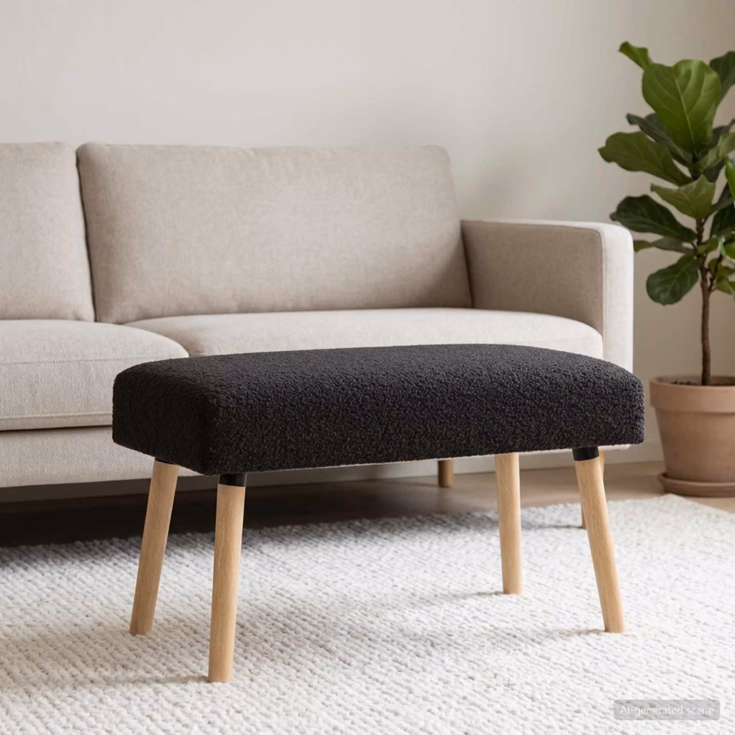 Panchina moderna vidaXL in tessuto bouclé nero con struttura in legno, L: 80 cm, P: 40 cm, H: 46 cm