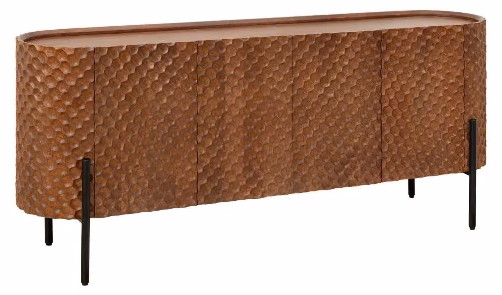 Mobiletto buffet NOARA, 178 cm, in legno di mango marrone, con 4 ante decorate con intagli a nido d'ape