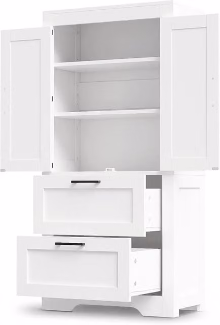 Mobile da Cucina in Stile Country Bianco con 2 Cassetti e Ripiani Regolabili, Armadietto Laterale 60x30x128 cm