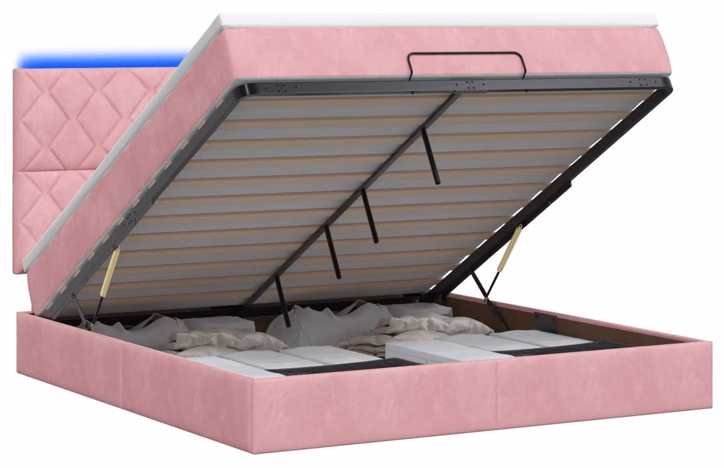 Letto con contenitore e materasso LED rosa, dimensioni 180 x 200 cm, rivestito in velluto