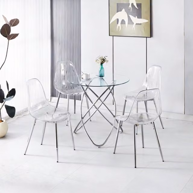 Set da pranzo moderno Zephmum composto da 1 tavolo rotondo in vetro e 4 sedie con struttura a X in metallo