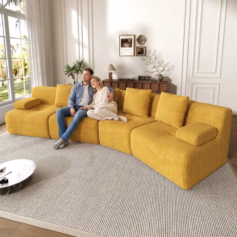 Divano modulare Merax, 4 posti, rivestito in tessuto corduroy, composto da 4 moduli componibili, divano a compressione che non richiede montaggio, capacità di carico di 400 kg, dimensioni 311x90x65 cm, colore giallo