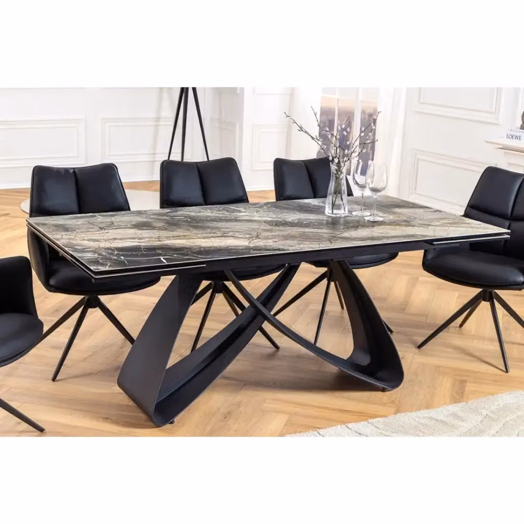 Tavolo da pranzo rettangolare estensibile Meublorama in ceramica e vetro con struttura in metallo, colore grigio, design moderno con effetto astratto lucido – 2
