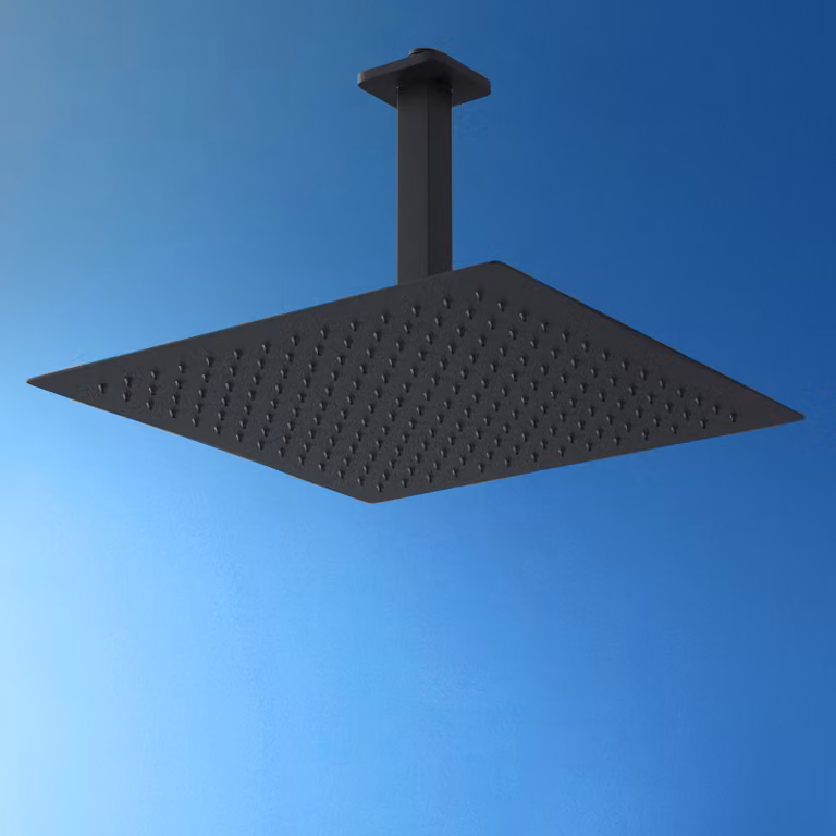 JOHO Soffione doccia a pioggia in acciaio inox 304, Docce Fisse 30 x 30 cm con braccio doccia a pioggia per attacco a soffitto 15 cm, Nero
