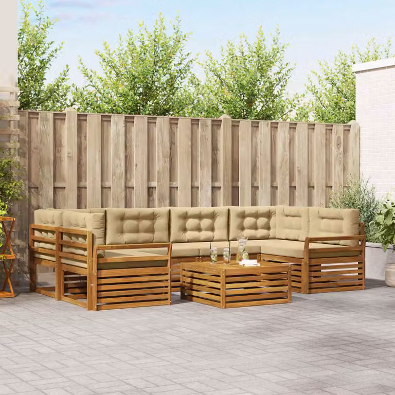 Set di divani da esterno vidaXL 7 pz in legno di acacia con tavolo da caffè e cuscini, Beige e Marrone