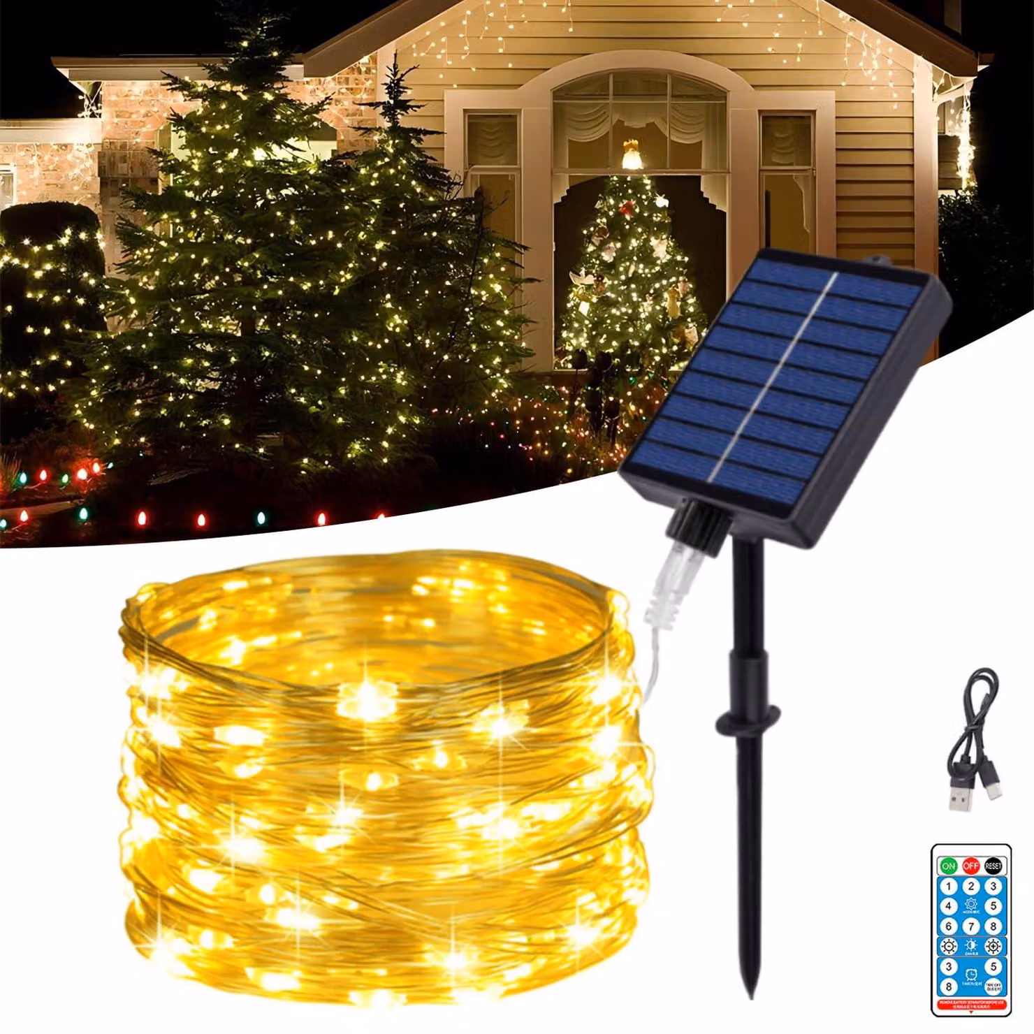 Catena luminosa solare, 10 metri, 100 LED, luce bianca calda, grado di protezione IP65, 8 modalità, con telecomando
