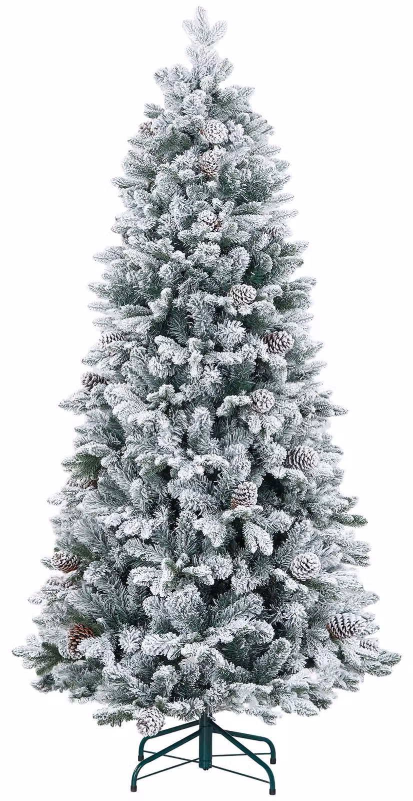 Albero di Natale artificiale, neve artificiale e pigne, effetto realistico, ignifugo, base in metallo, 183 cm, verde