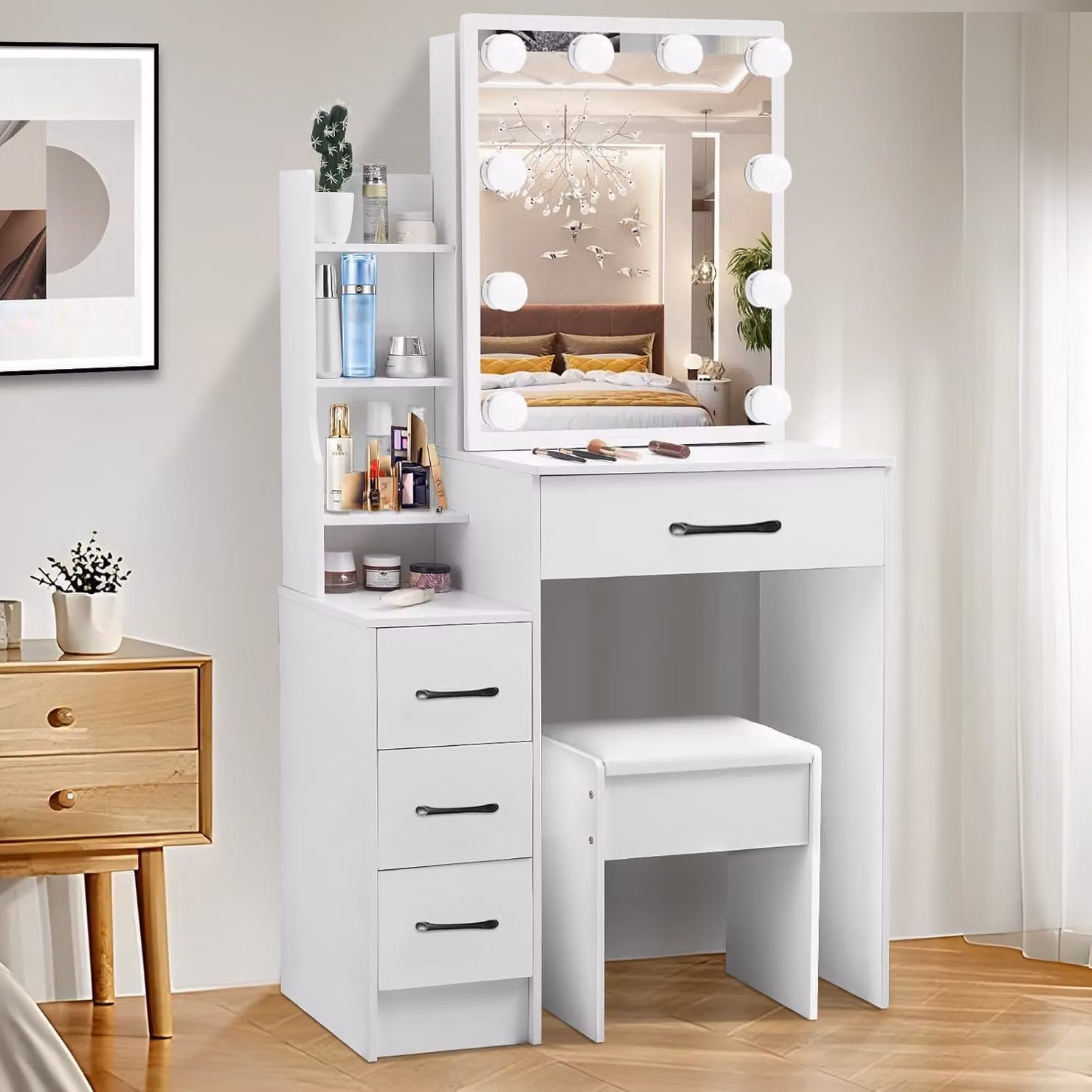 Comò da trucco con illuminazione e sgabello, tavolino da trucco con luce regolabile in termini di colore e intensità, comò per cosmetici con 6 cassetti e 6 scomparti, dimensioni 80x36x130 cm